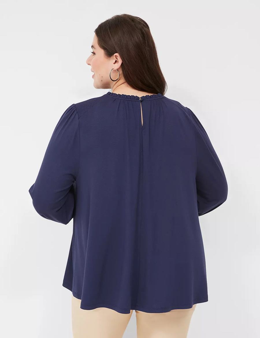 Blue Lane Bryant Swing Crew-Neck Smocked-Shoulder Top Women Blouse | IDZ7830MJ