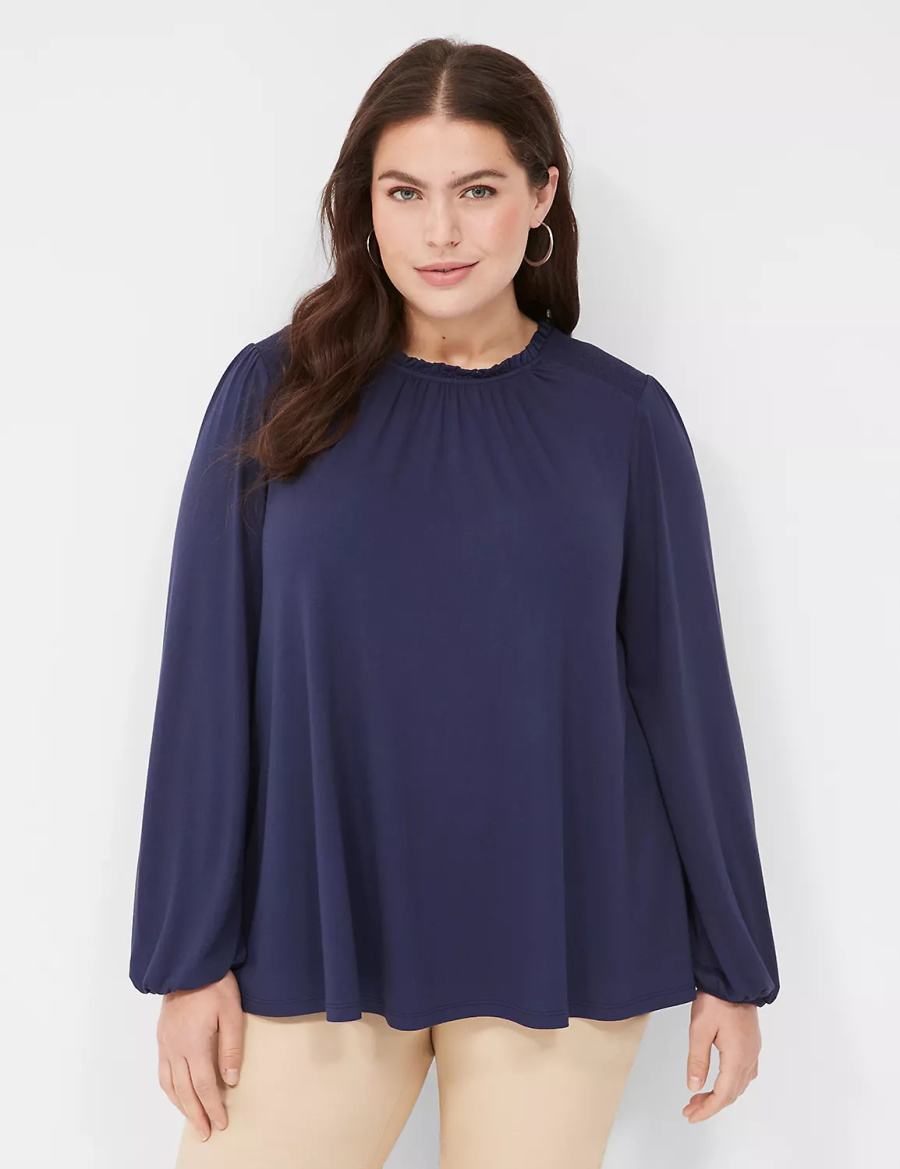 Blue Lane Bryant Swing Crew-Neck Smocked-Shoulder Top Women Blouse | IDZ7830MJ