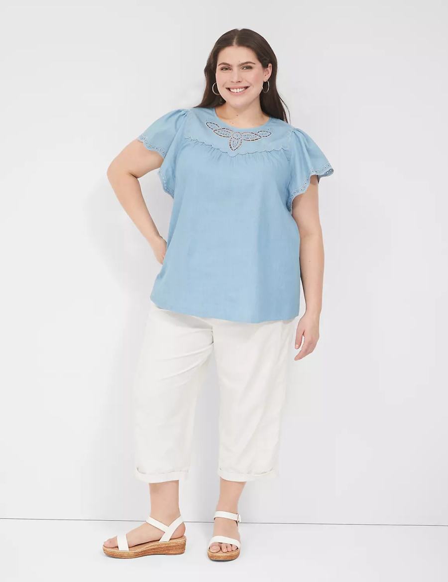 Blue Lane Bryant Swing Eyelet-Trim Popover Women Blouse | DTQ4062SA