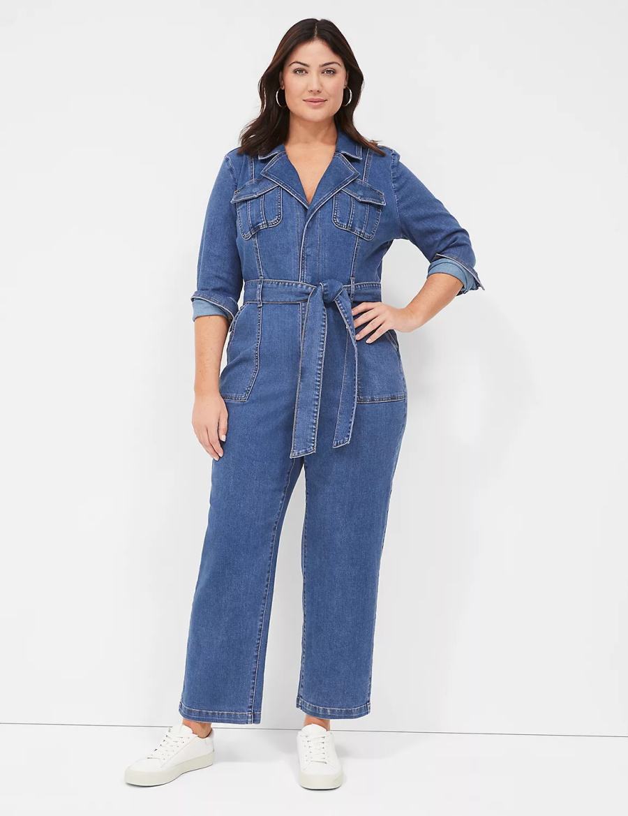 Blue Lane Bryant Utility Straight Leg Denim Women Jumpsuit | UII3180WP