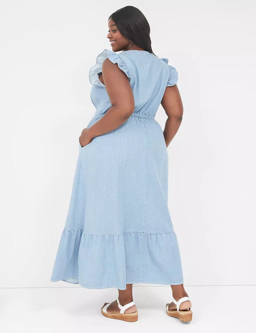 Blue Stripes Lane Bryant Flutter-Sleeve Button-Front Denim Women Maxi Dress | YAO2190NF