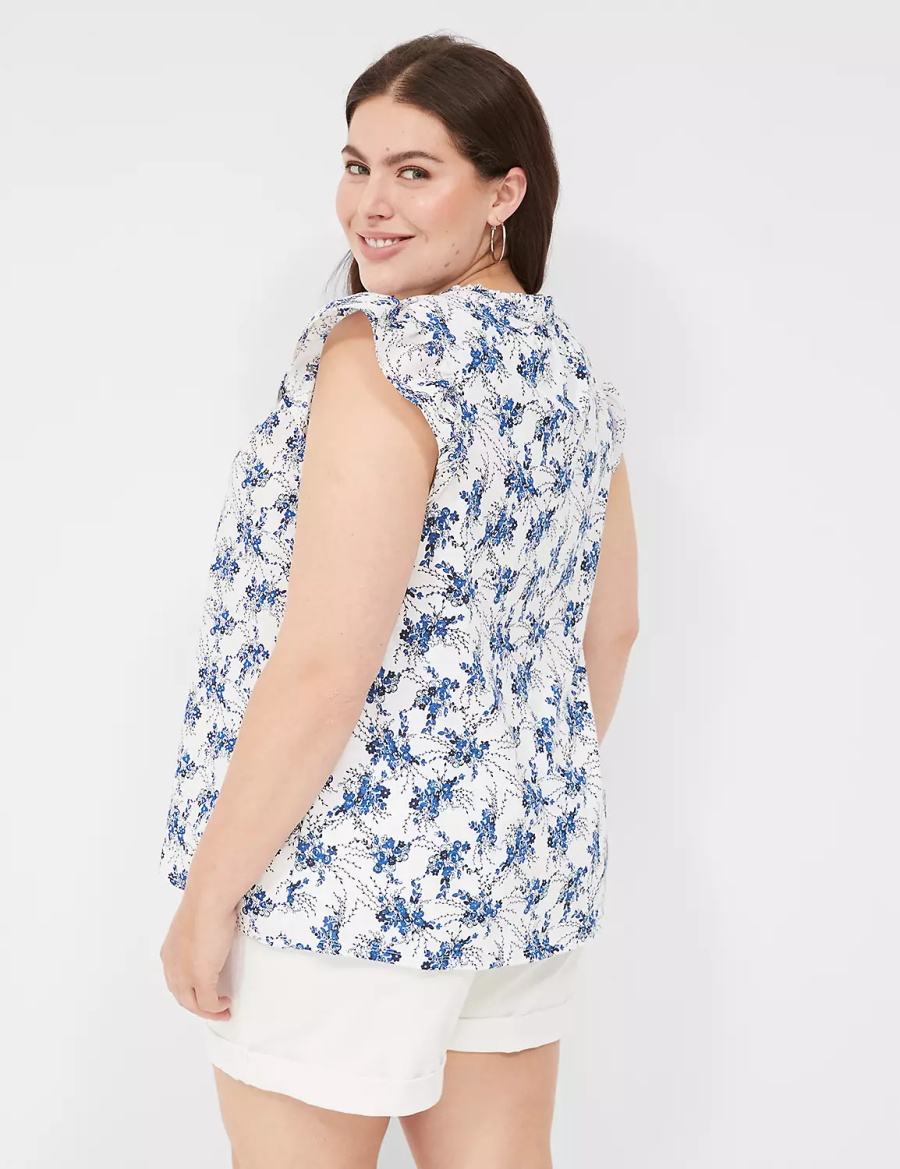 Blue White Lane Bryant Woven & Knit Cap Flutter-Sleeve Top Women Blouse | VDN1237PT