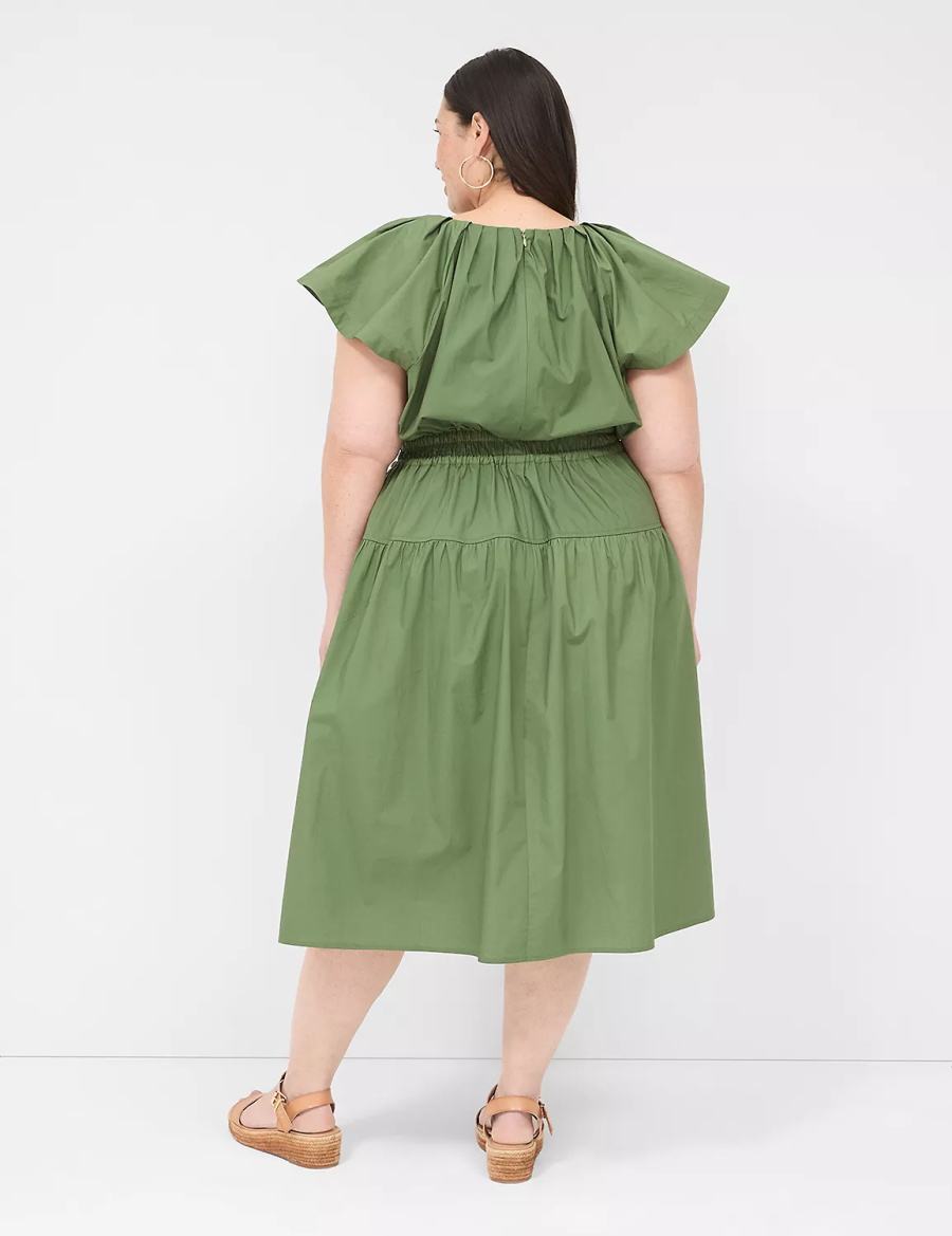 Brown Green Lane Bryant Pleated Crew-Neck Women Midi Dress | DQN9766KT