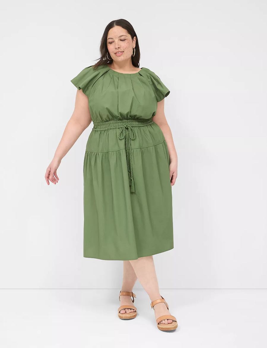 Brown Green Lane Bryant Pleated Crew-Neck Women Midi Dress | DQN9766KT