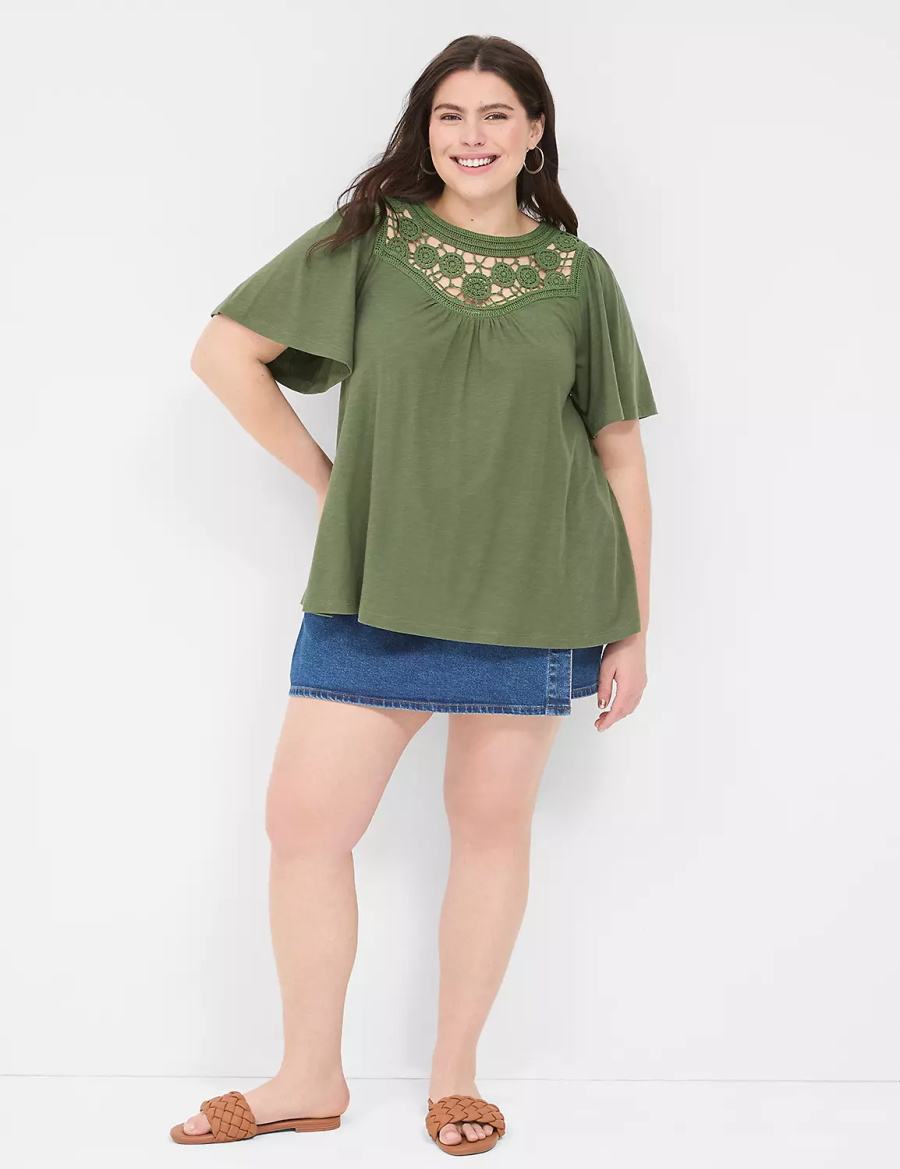 Brown Green Lane Bryant Relaxed Crochet Crew-Neck Top Women T Shirts | UET7641HZ