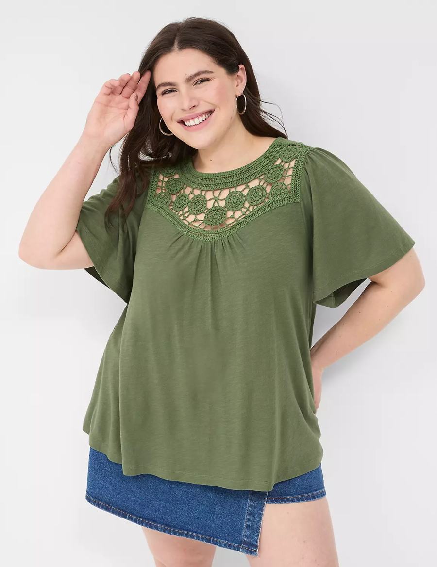 Brown Green Lane Bryant Relaxed Crochet Crew-Neck Top Women T Shirts | UET7641HZ