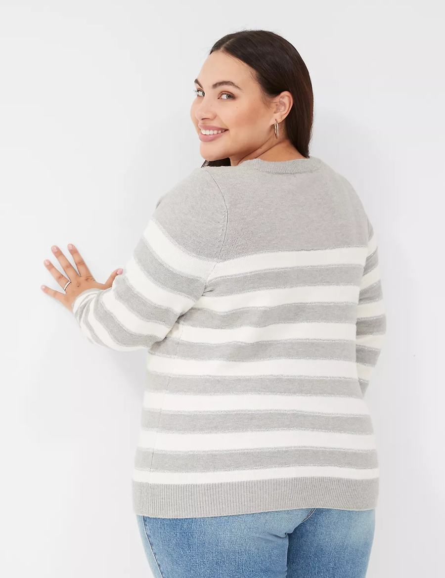 Brown Lane Bryant Crew-Neck Button-Shoulder Striped Women Sweaters | CND3068CD