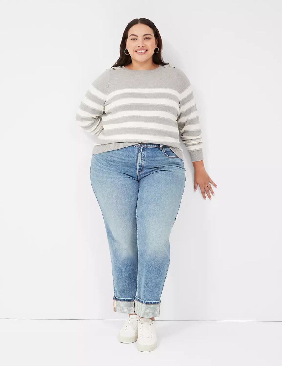 Brown Lane Bryant Crew-Neck Button-Shoulder Striped Women Sweaters | CND3068CD