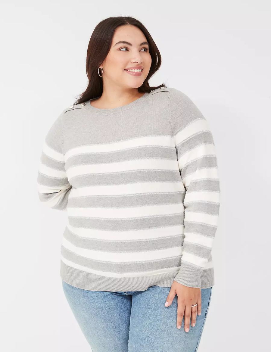 Brown Lane Bryant Crew-Neck Button-Shoulder Striped Women Sweaters | CND3068CD