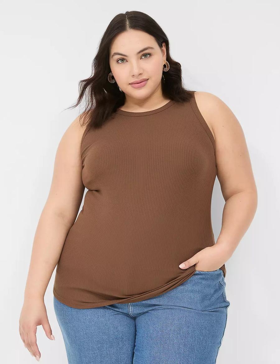 Brown Lane Bryant Fitted High-Neck Rib Women Tank Top | QOI247AS