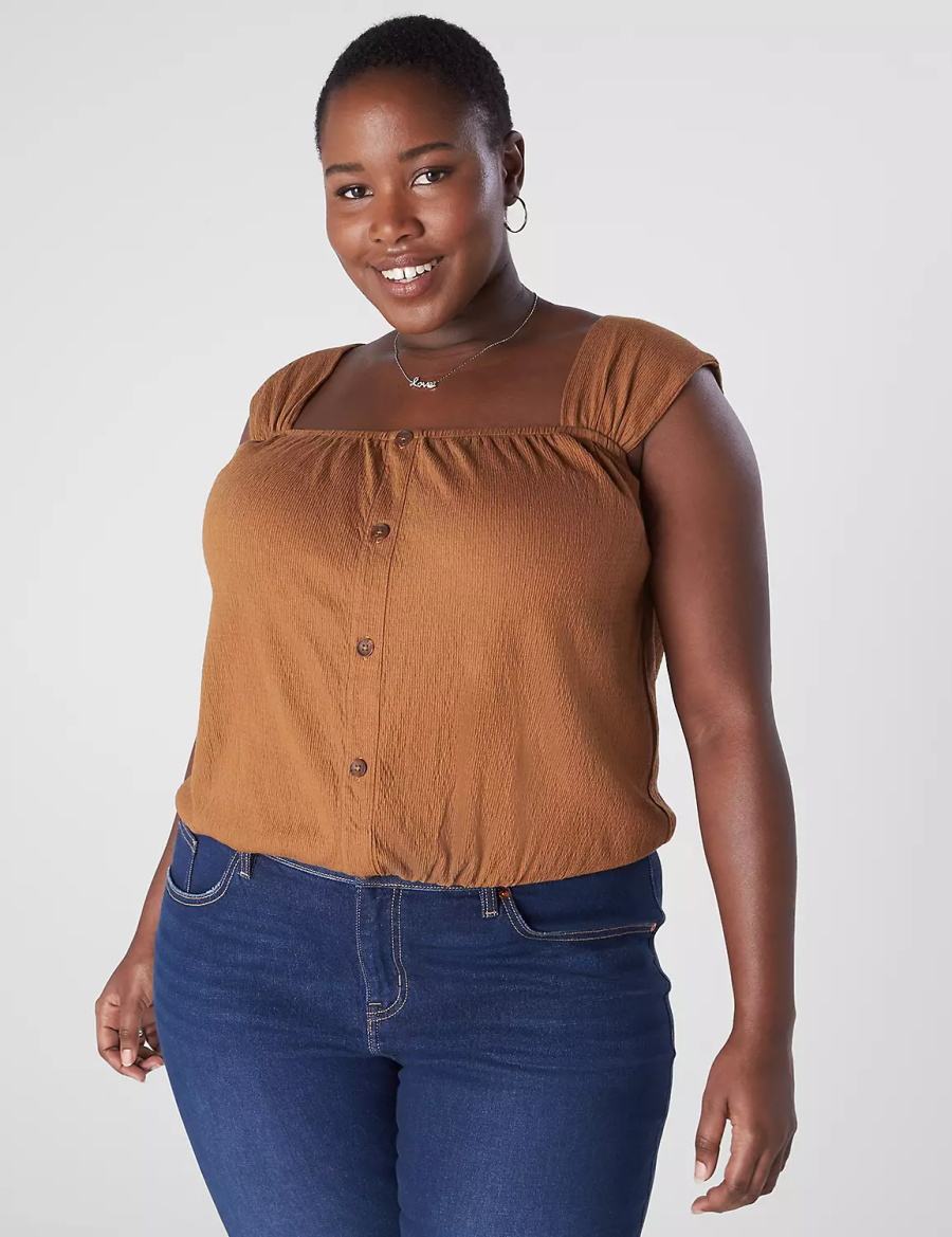 Brown Lane Bryant Relaxed Crop Cap-Sleeve Square-Neck Top Women T Shirts | UQP5564QK