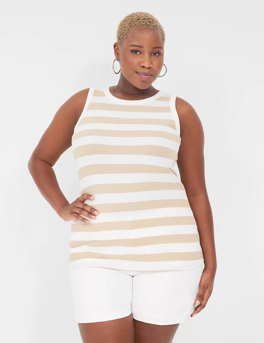 Brown White Lane Bryant Fitted High-Neck Ribbed Women Tank Top | WSK5687CR