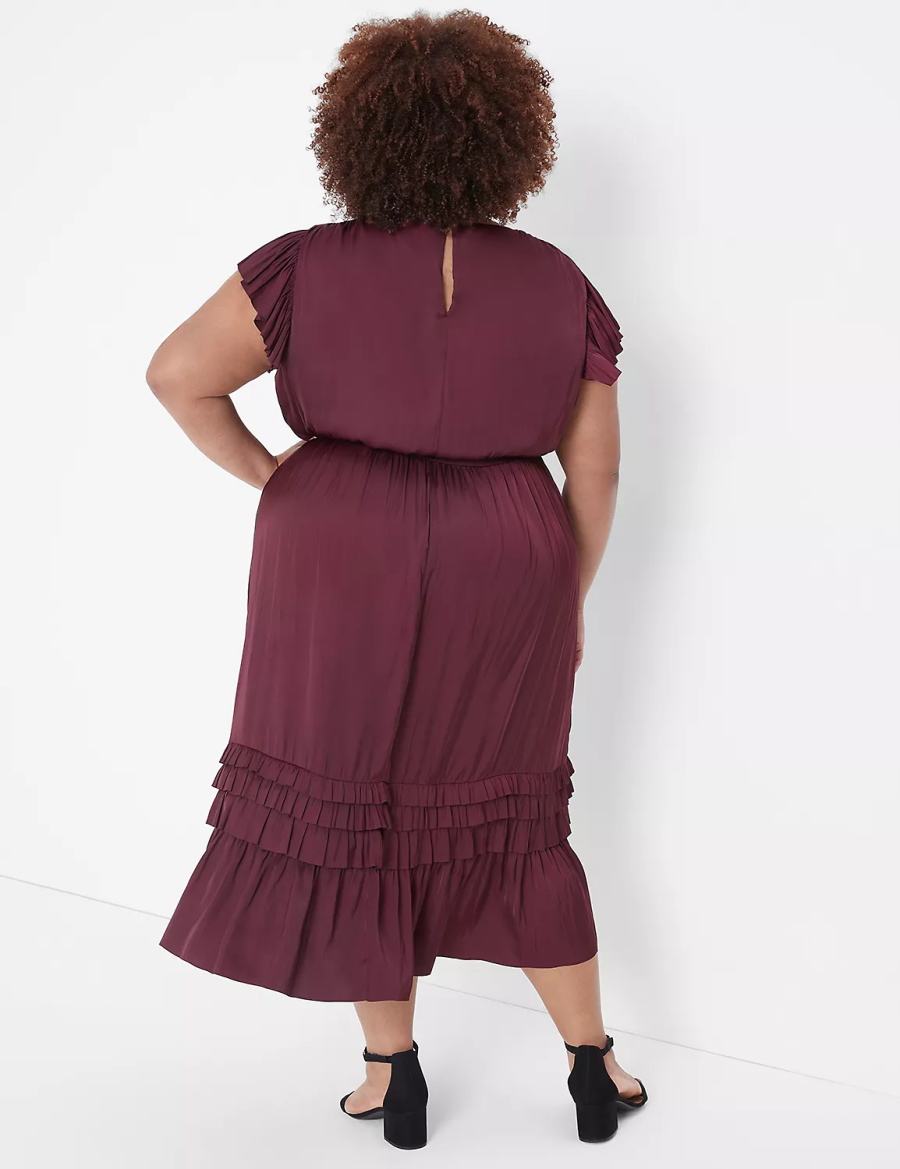 Burgundy Lane Bryant Flutter-Sleeve Shirred Women Midi Dress | XSP4673PC