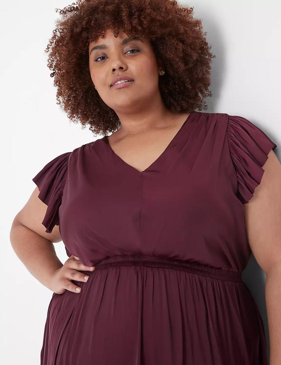 Burgundy Lane Bryant Flutter-Sleeve Shirred Women Midi Dress | XSP4673PC