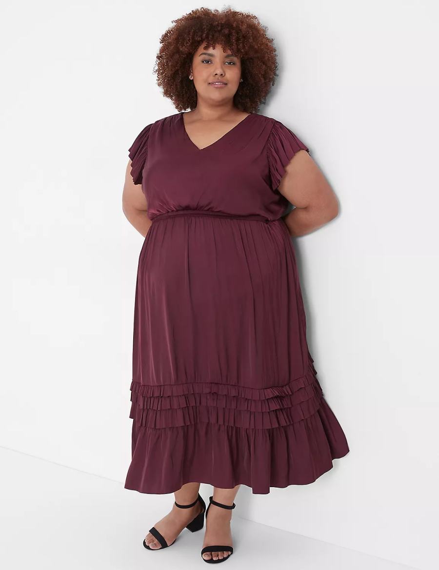 Burgundy Lane Bryant Flutter-Sleeve Shirred Women Midi Dress | XSP4673PC