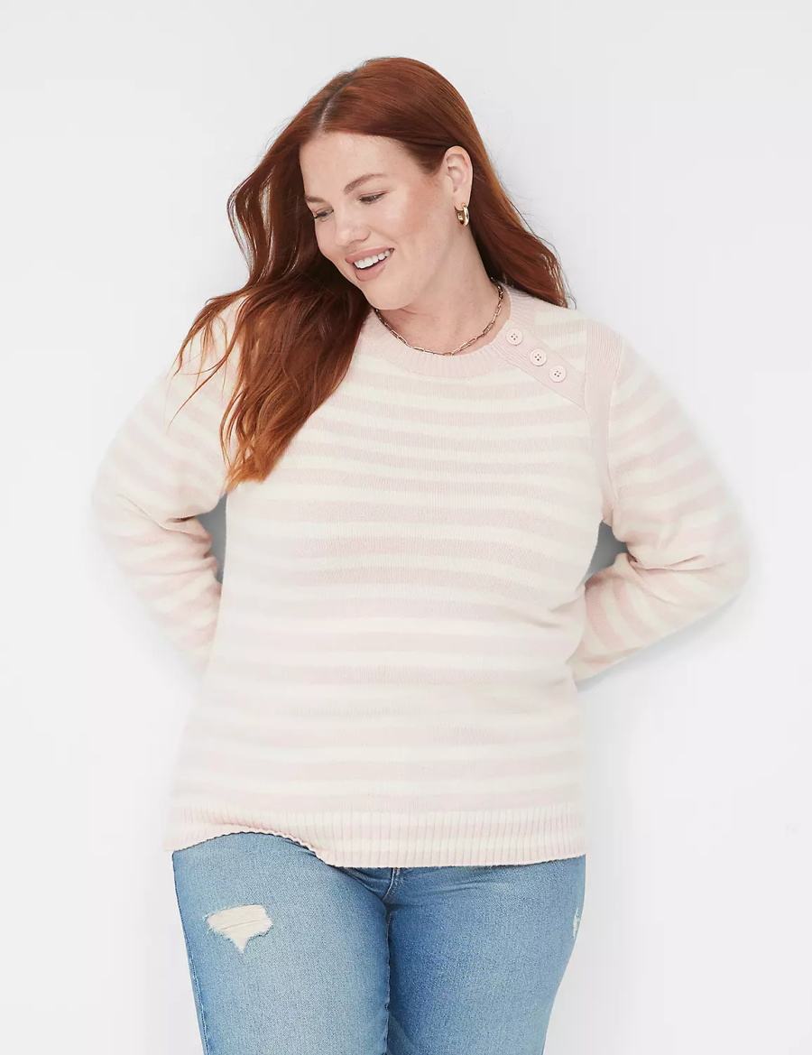 Coral Lane Bryant Crew-Neck Button-Shoulder Stripe Women Sweaters | OME6059WR