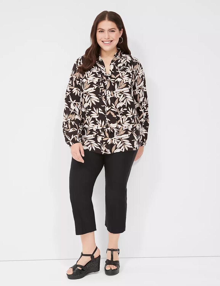 Cream Brown Black Lane Bryant Tie-Neck Popover Women Blouse | MLJ8372UB