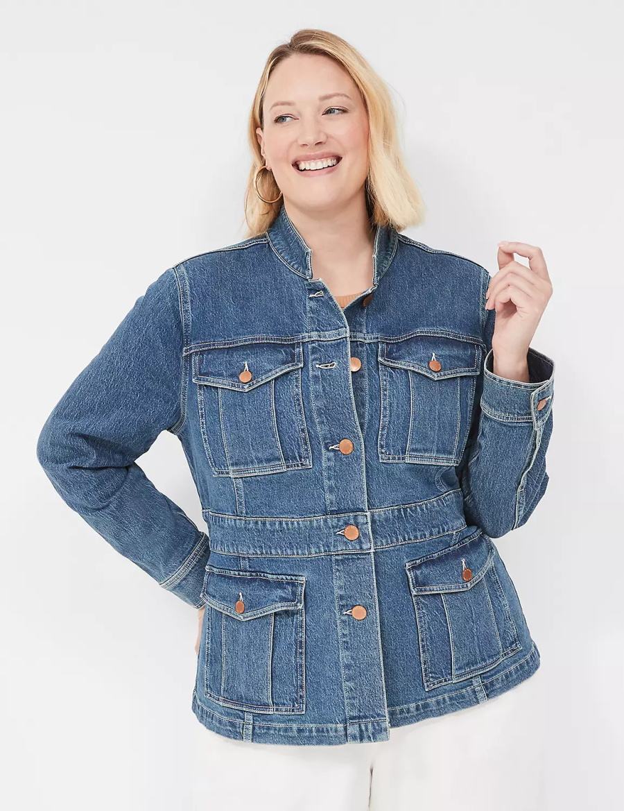 Dark Blue Lane Bryant Denim Banded-Waist Utility Women Jackets | IJE9510NC