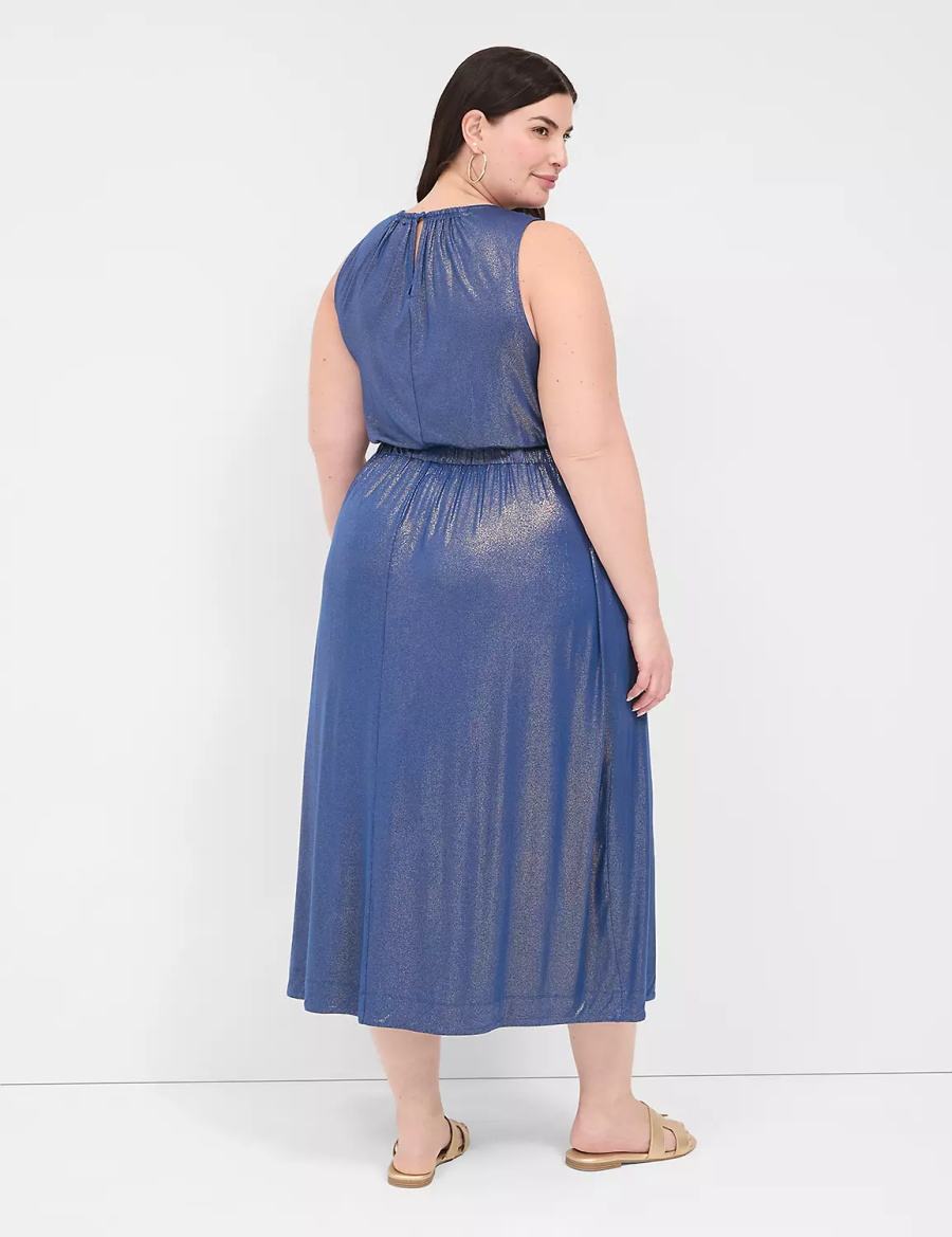 Dark Blue Lane Bryant Foil Shimmer Tie-Waist Women Midi Dress | JAA8654XE