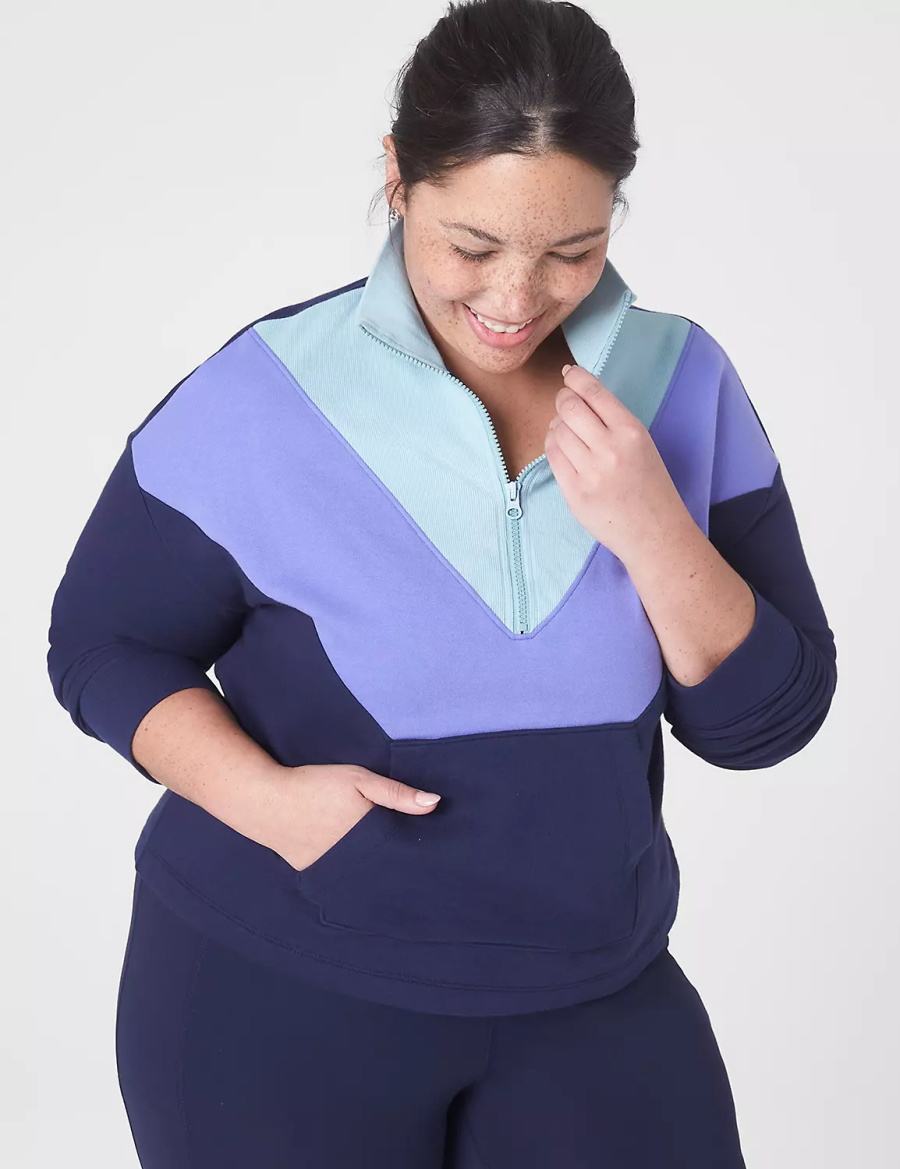 Dark Blue Lane Bryant LIVI Crop Zip-Neck Seamed Women Sweatshirts | DDK3051NC