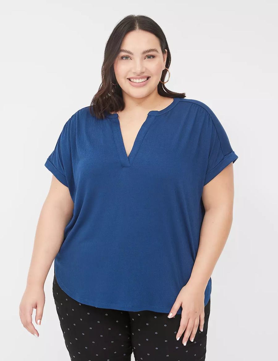 Dark Blue Lane Bryant Relaxed Gauze Notch-Neck Women Shirts | NOC1885BI