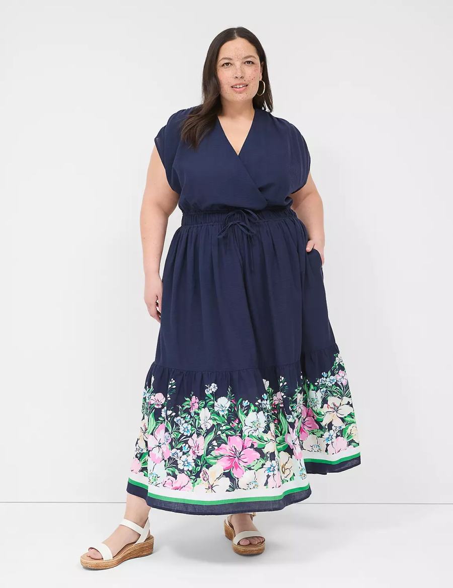 Dark Blue Lane Bryant Shirred-Shoulder Double-Waist Women Maxi Dress | WOO3198KH