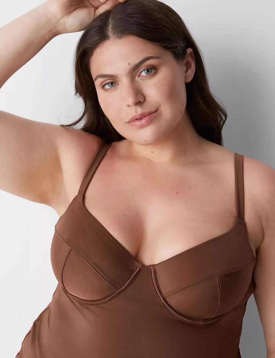 Dark Brown Lane Bryant Fitted Underwire Balconette Swim Tankini Women Bikini Top | ZJR3955WY