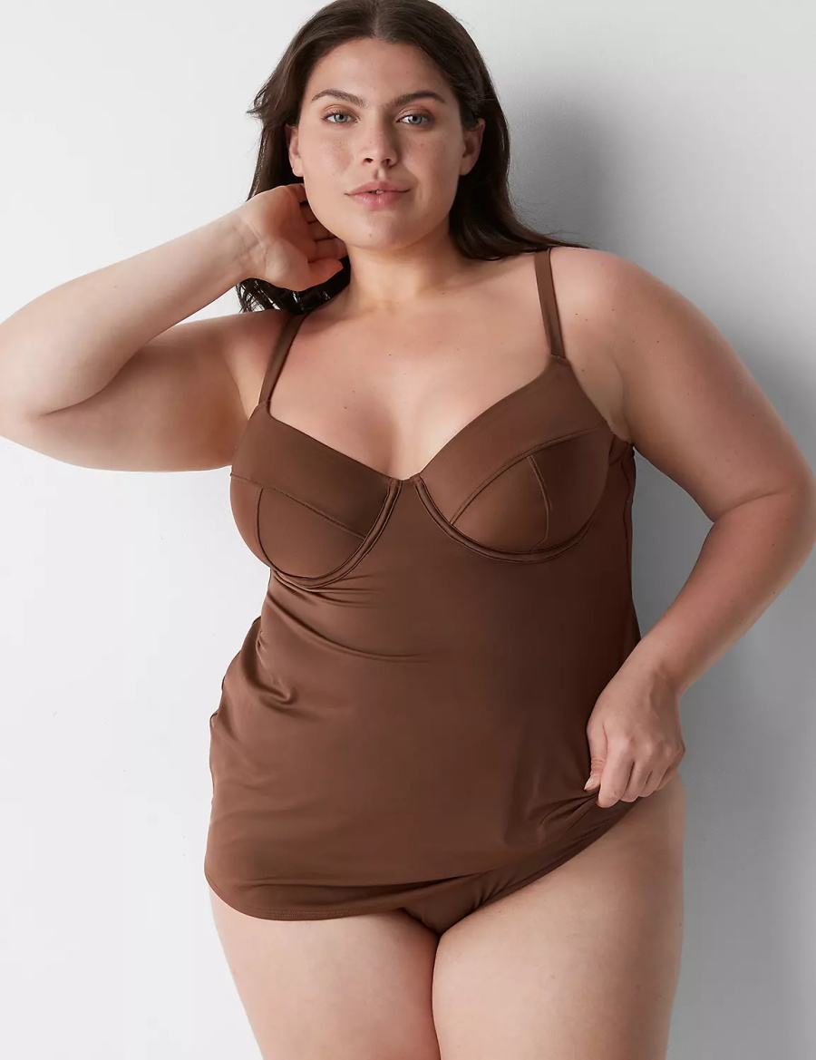 Dark Brown Lane Bryant Fitted Underwire Balconette Swim Tankini Women Bikini Top | ZJR3955WY