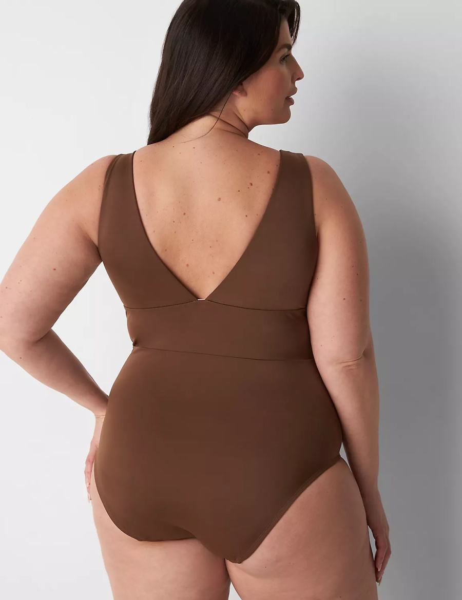 Dark Brown Lane Bryant No-Wire Plunge One-Piece Women Swimsuits | IQJ957GY