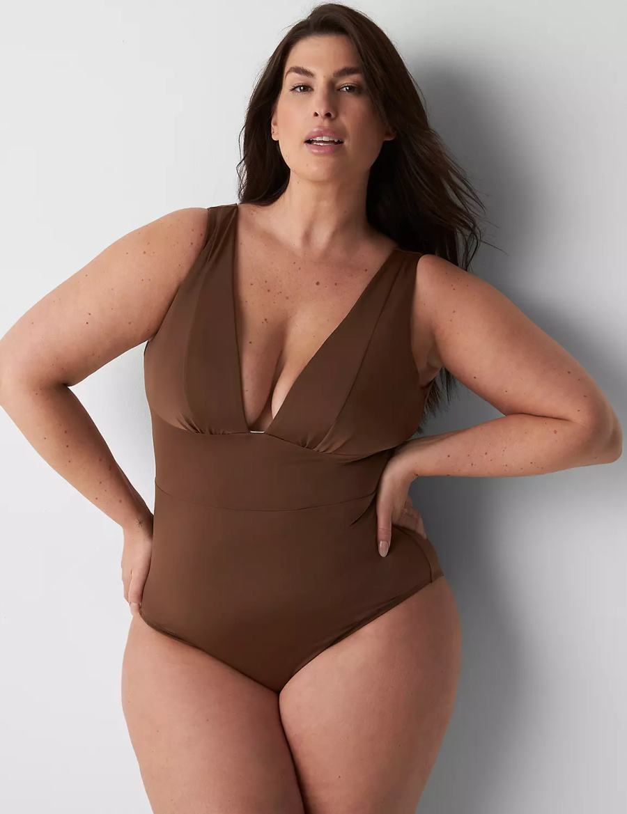 Dark Brown Lane Bryant No-Wire Plunge One-Piece Women Swimsuits | IQJ957GY