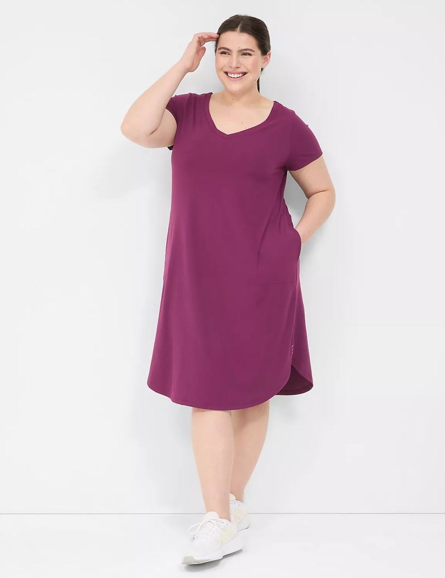 Dark Purple Lane Bryant LIVI V-Neck Recycled LIVI Soft Macrame-Back Women Casual Dress | XBO9511RD