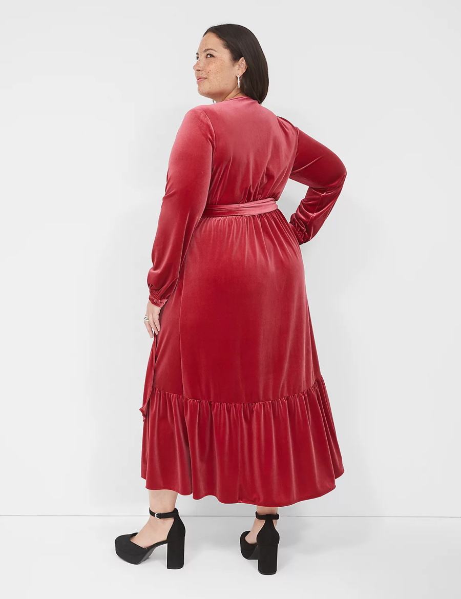 Dark Red Lane Bryant Tiered Wrap Velvet Women Midi Dress | TJA2024NL