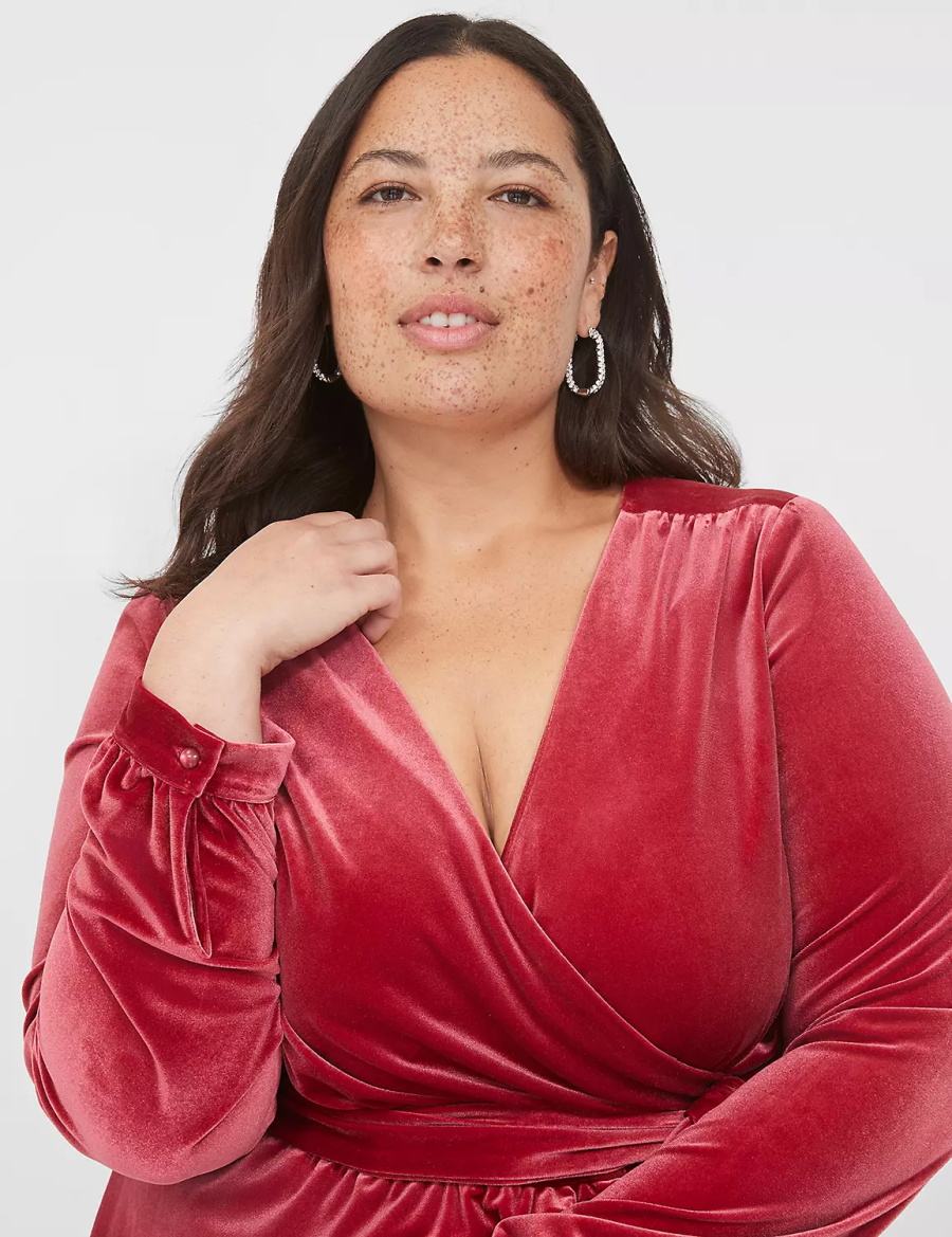 Dark Red Lane Bryant Tiered Wrap Velvet Women Midi Dress | TJA2024NL