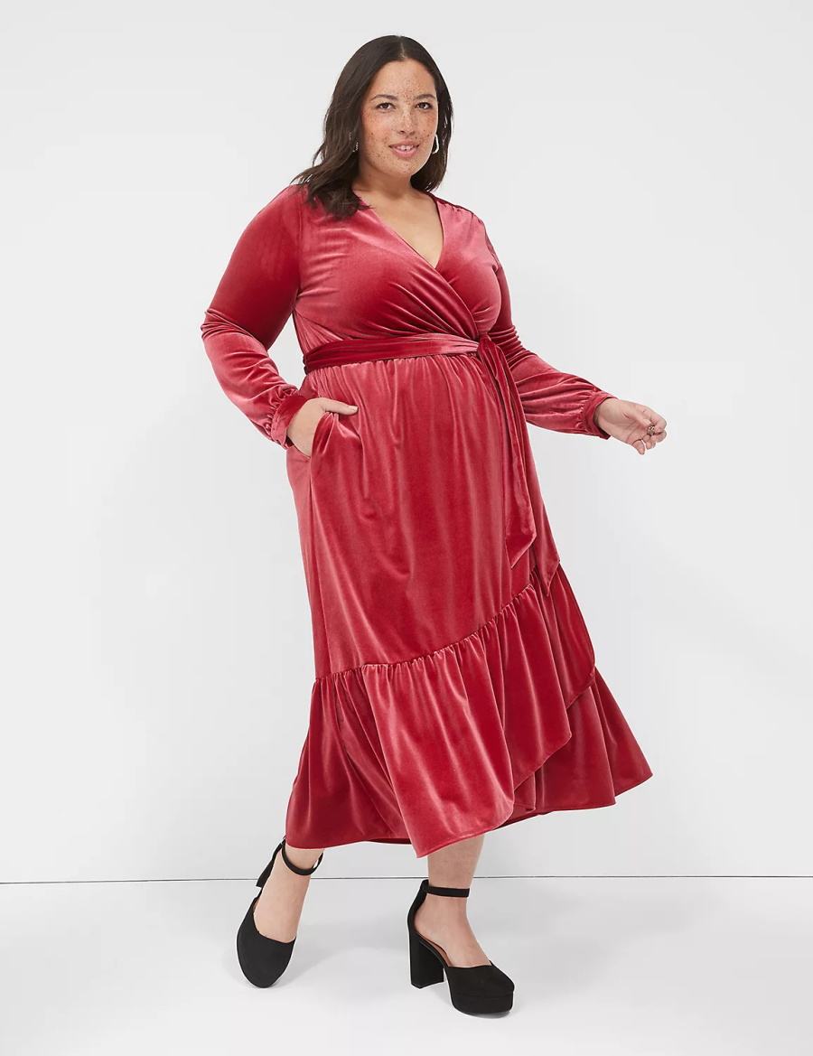 Dark Red Lane Bryant Tiered Wrap Velvet Women Midi Dress | TJA2024NL