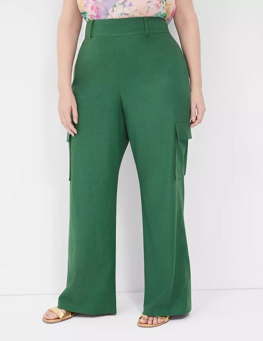 Deep Green Lane Bryant Pull-On Linen Straight Leg Cargo Women Pants | JXD8931QW