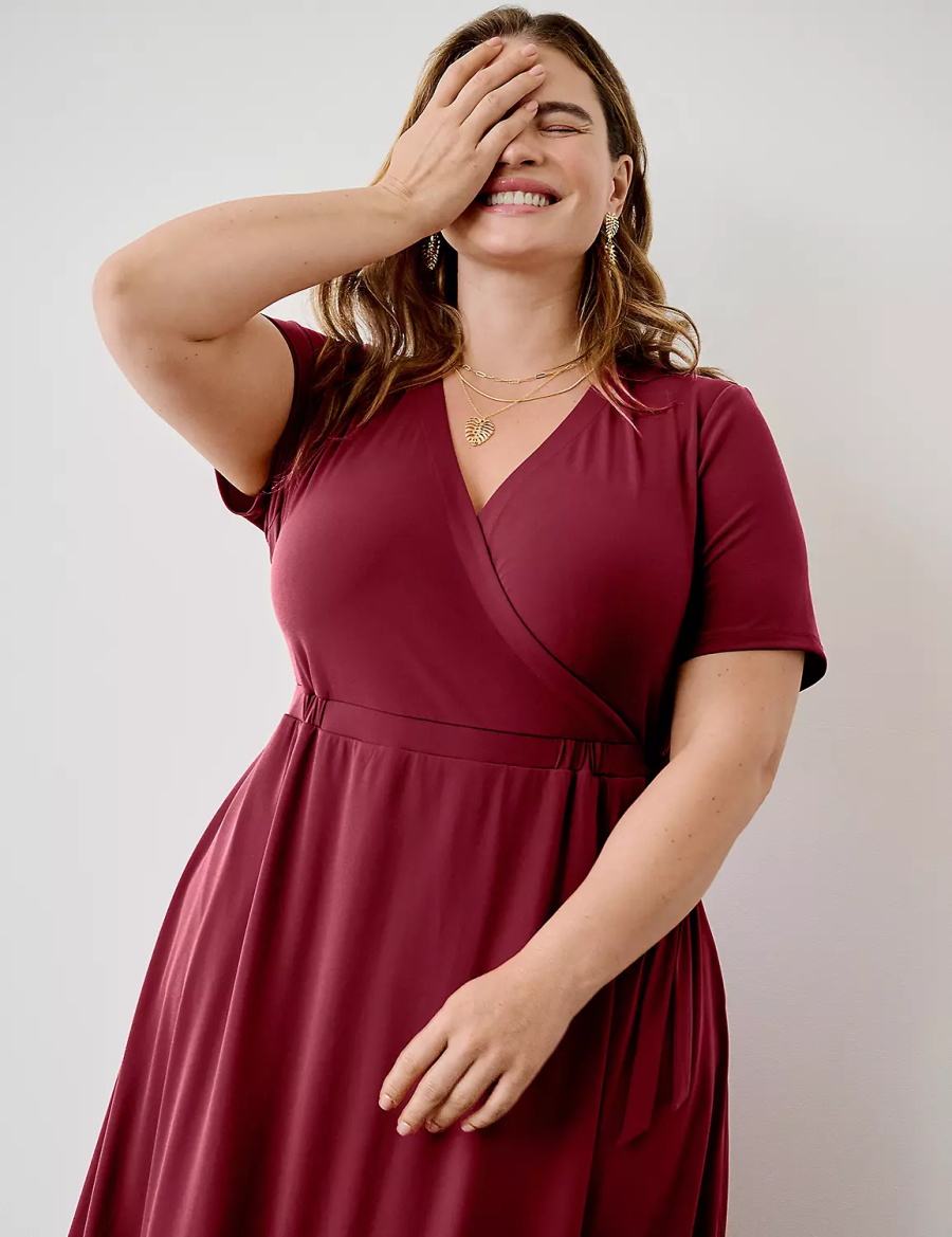 Deep Red Lane Bryant Faux-Wrap Jersey Women Midi Dress | UAN1985HV