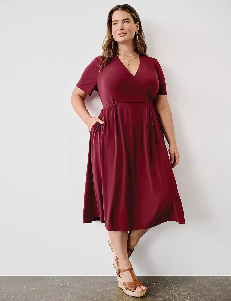 Deep Red Lane Bryant Faux-Wrap Jersey Women Midi Dress | UAN1985HV