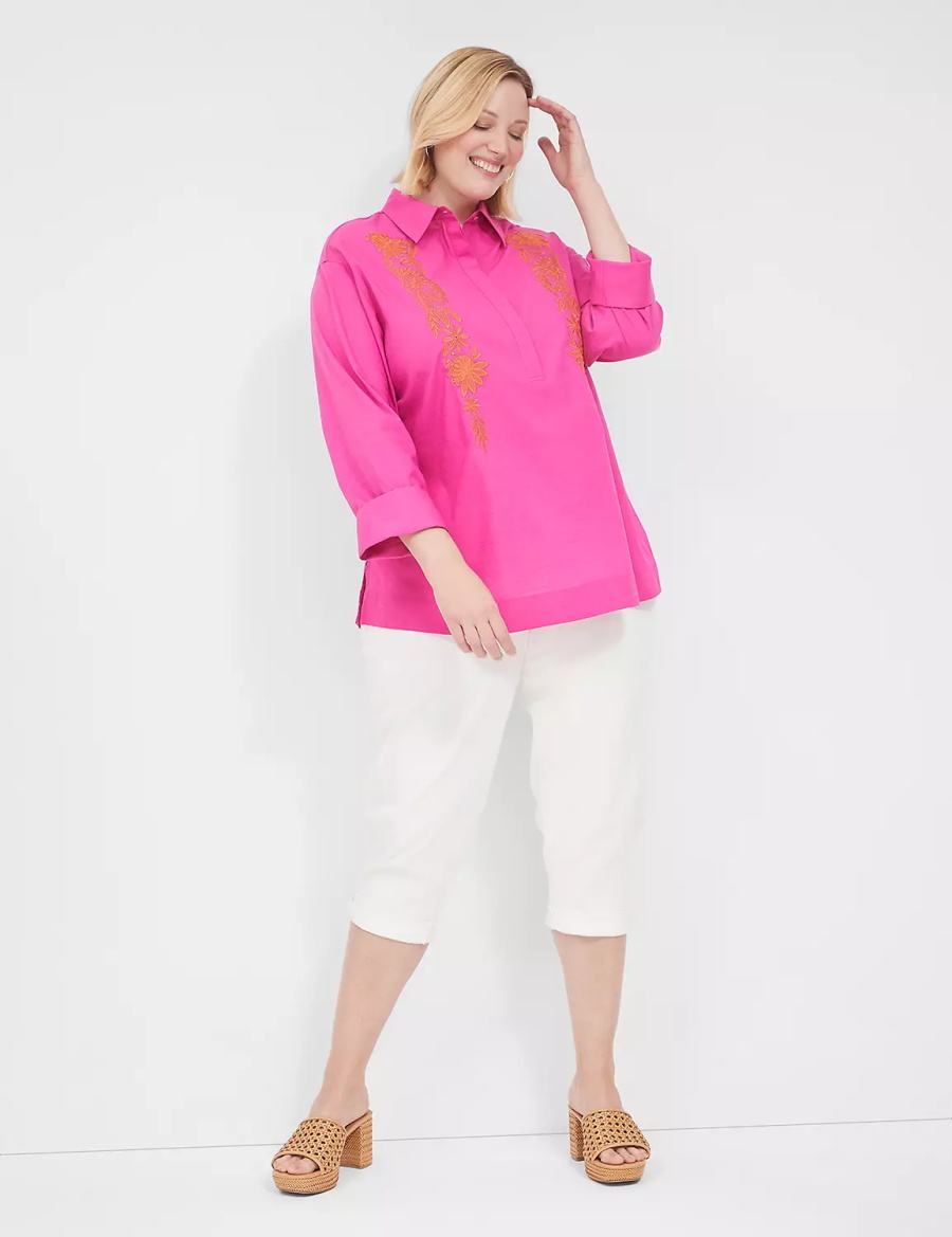 Fuchsia Lane Bryant Relaxed Collared Embroidered Tunic Women Shirts | MFU7533UQ