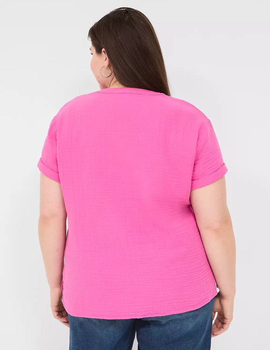 Fuchsia Lane Bryant Relaxed Gauze V-Neck Popover Women Shirts | GTS3052OG