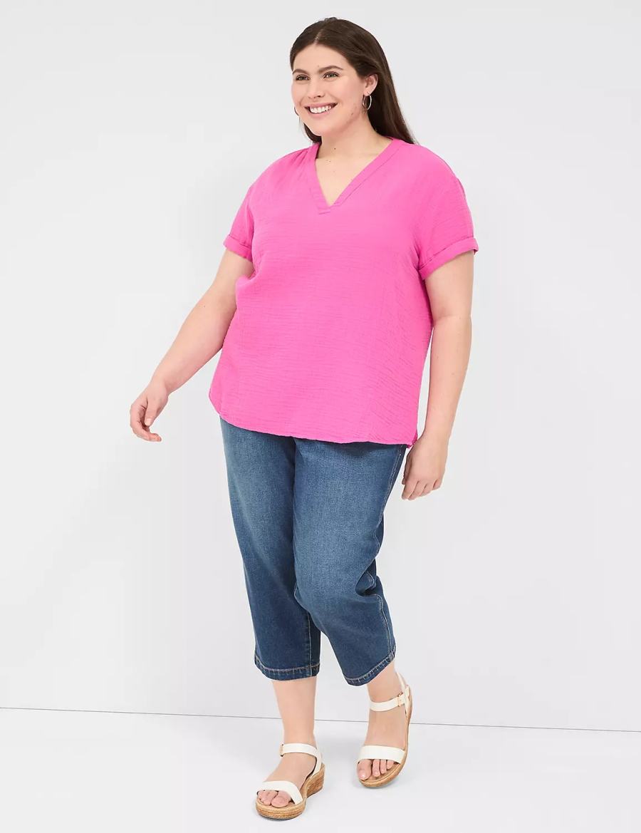 Fuchsia Lane Bryant Relaxed Gauze V-Neck Popover Women Shirts | GTS3052OG