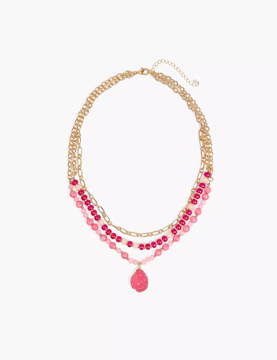 Gold Lane Bryant Pink Beaded Druzy Women Necklace | IHZ6866DX