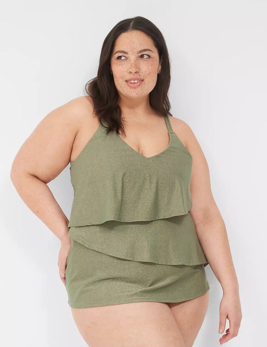 Green Lane Bryant Lurex No-Wire Three-Tier Tankini Women Bikini Top | ZBA7874CH