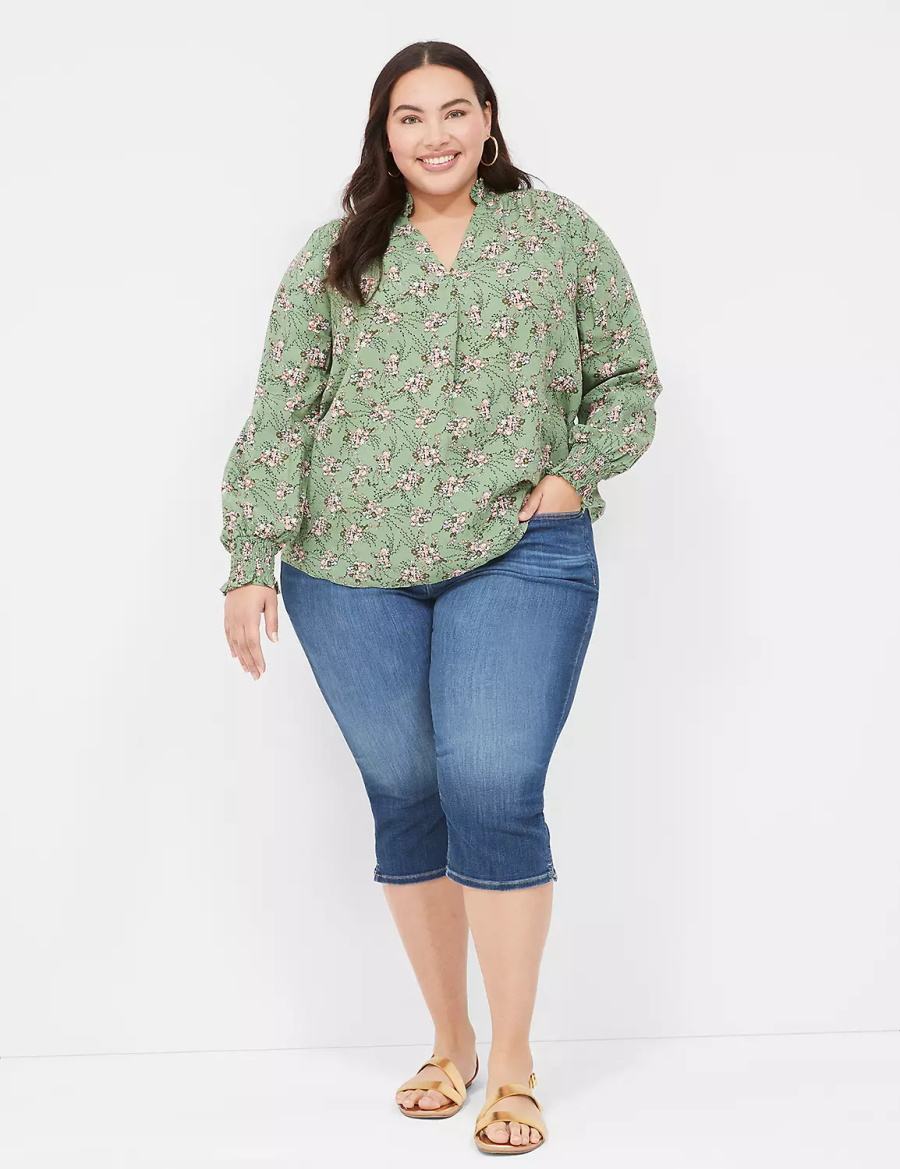 Green Lane Bryant Smocked Shoulder & Cuff Popover Women Blouse | QUT560JS