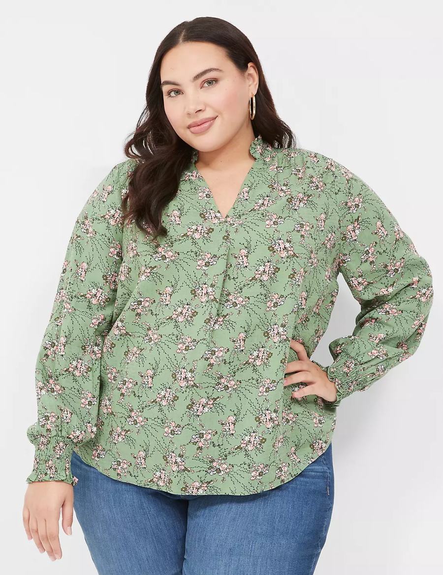 Green Lane Bryant Smocked Shoulder & Cuff Popover Women Blouse | QUT560JS