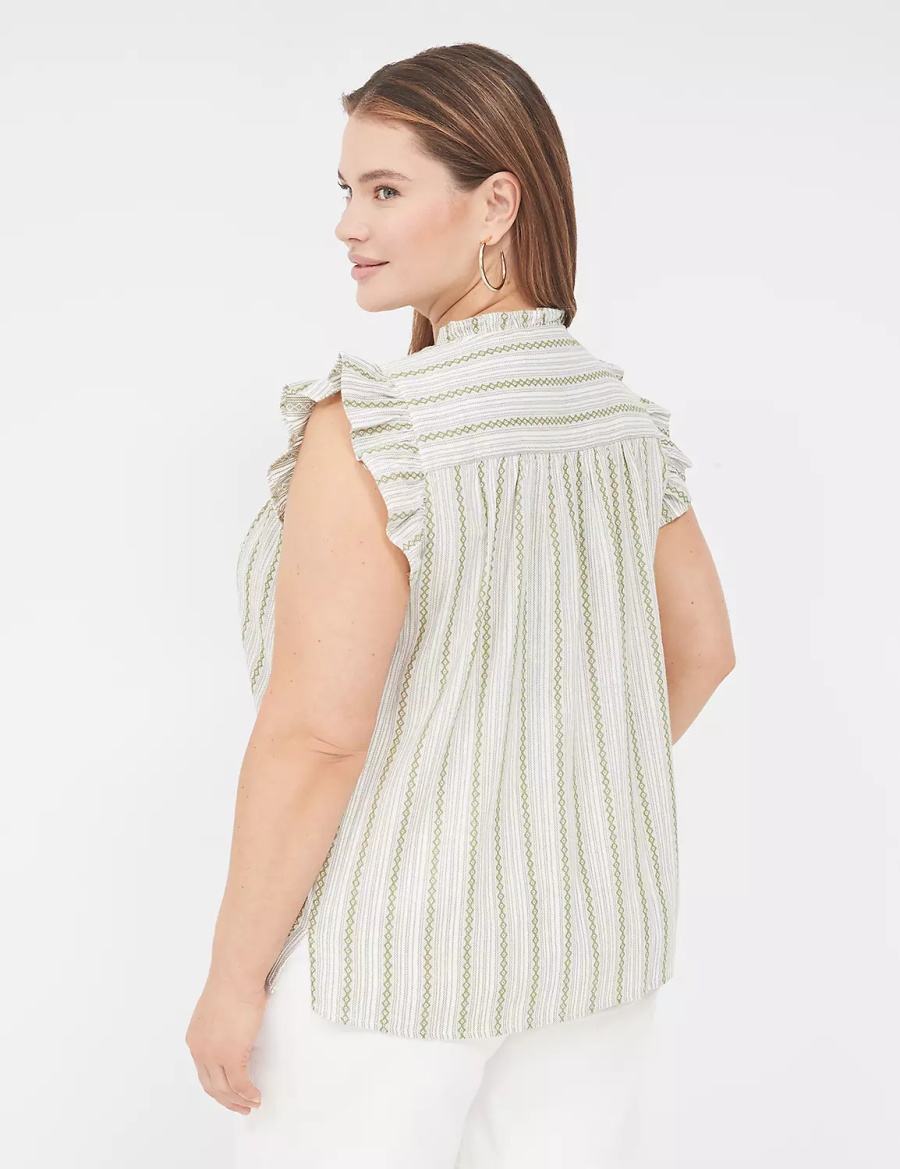 Green Stripes Lane Bryant Flutter-Sleeve Ruffle-Neck Women Blouse | JRR5055WS