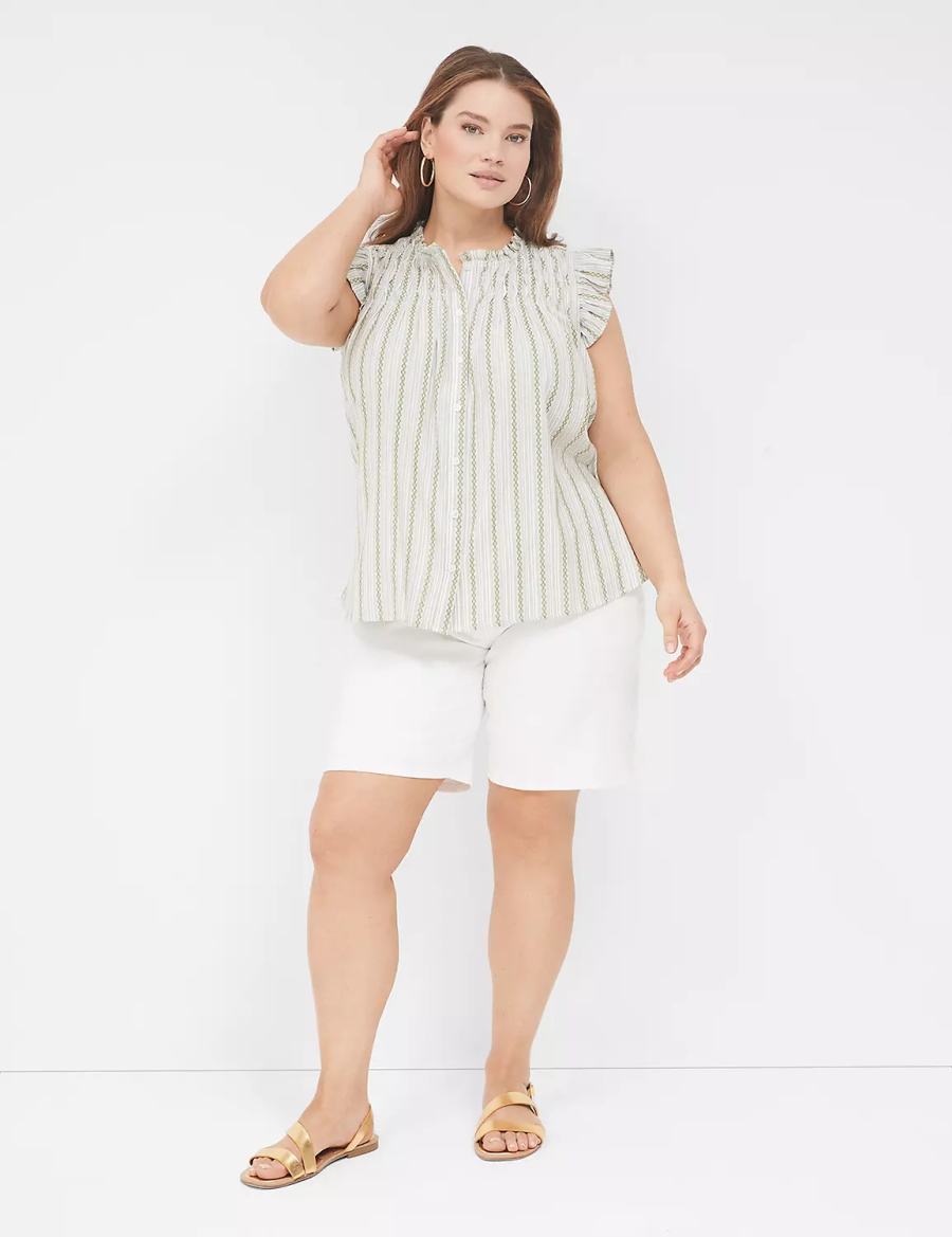 Green Stripes Lane Bryant Flutter-Sleeve Ruffle-Neck Women Blouse | JRR5055WS