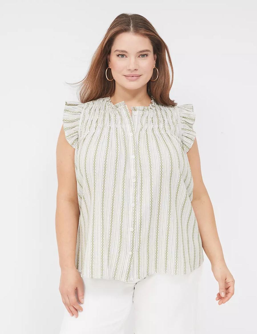 Green Stripes Lane Bryant Flutter-Sleeve Ruffle-Neck Women Blouse | JRR5055WS