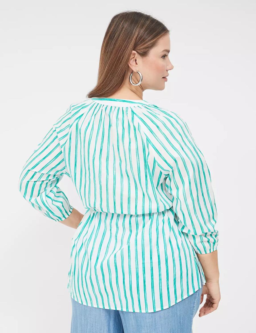 Green Stripes Lane Bryant Relaxed 3/4-Sleeve Button-Front Tunic Women Shirts | BCH8150ZO