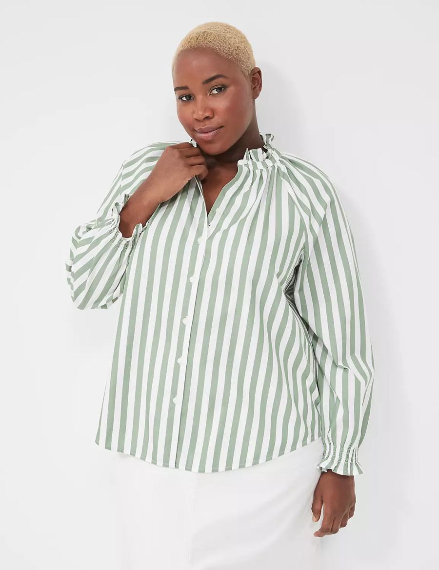 Green Stripes Lane Bryant Relaxed Button-Front Women Blouse | RJP1026IF