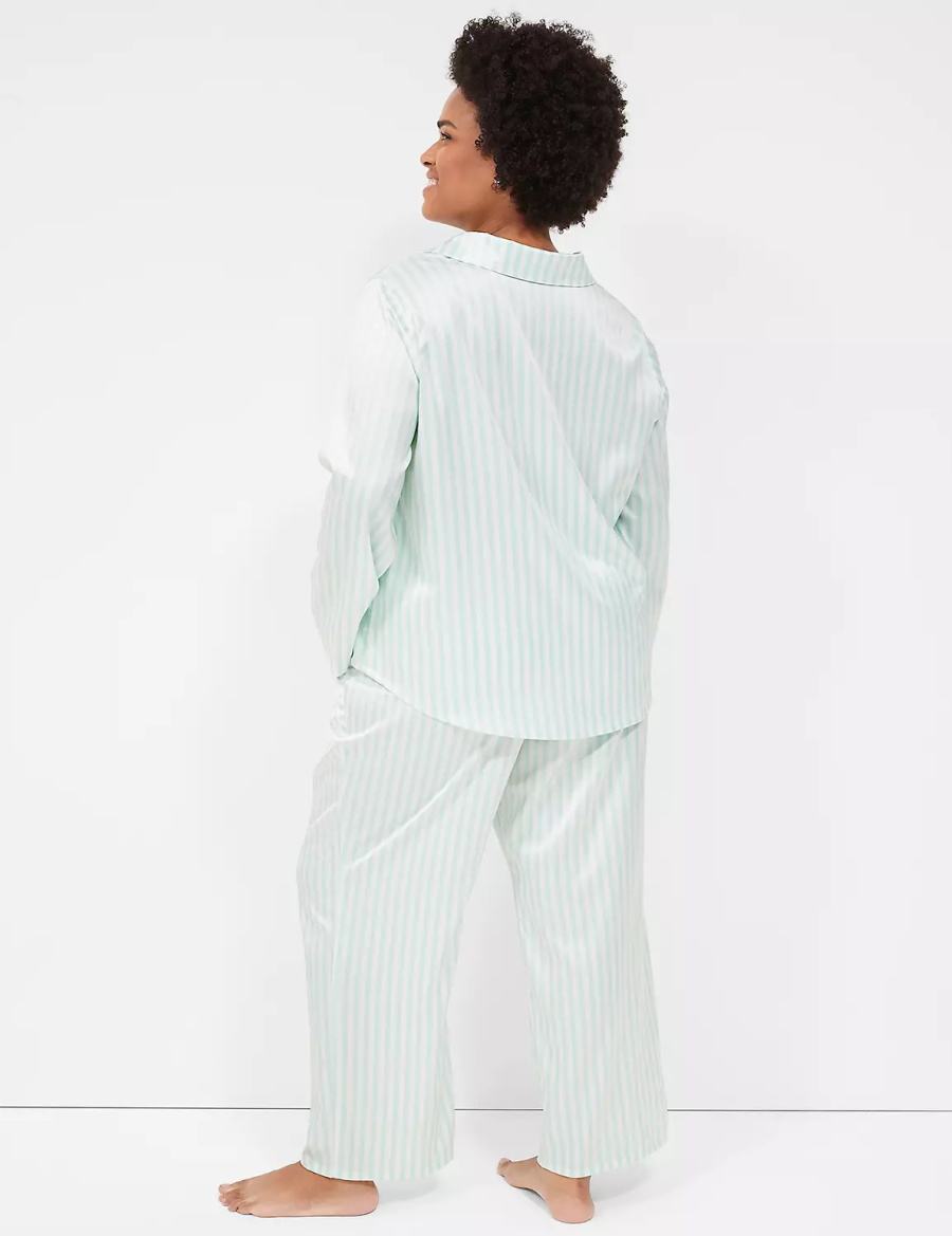 Green Stripes Lane Bryant Stretch Satin Shirt & Pant PJ Set Women Pajamas | YIP9464UA